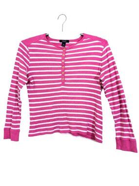 Chaps Womens Pink White Striped Henley Top Size L Large Cotton Long Sleeve